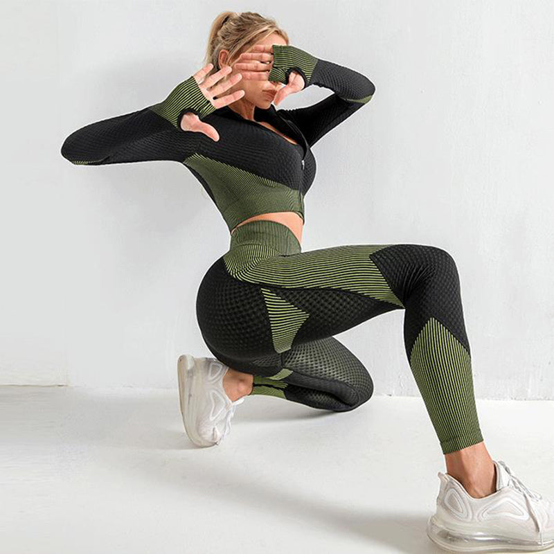 3-Piece Seamless Yoga Set: Leggings, Sports Bra, and Long Sleeve Top for Women's Gym Clothing