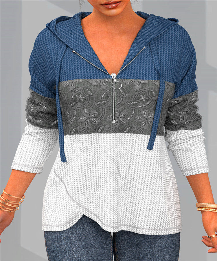 Women's Elegant Color Matching Zipper Sweater With Hat