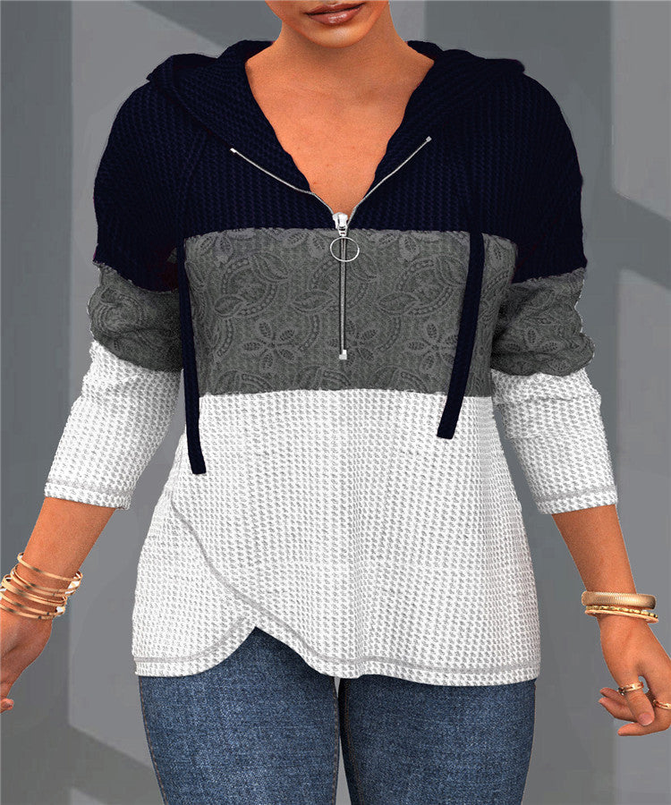 Women's Elegant Color Matching Zipper Sweater With Hat