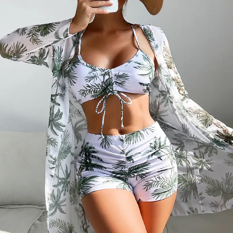 Summer Print Tankini Three-Piece Bathing Suits