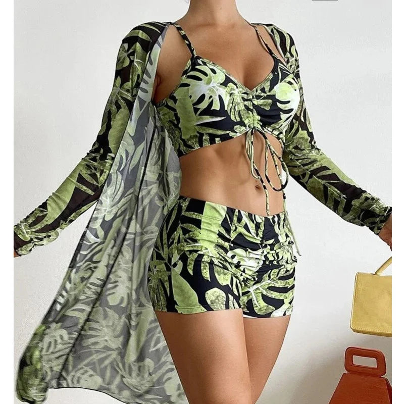 Summer Print Tankini Three-Piece Bathing Suits