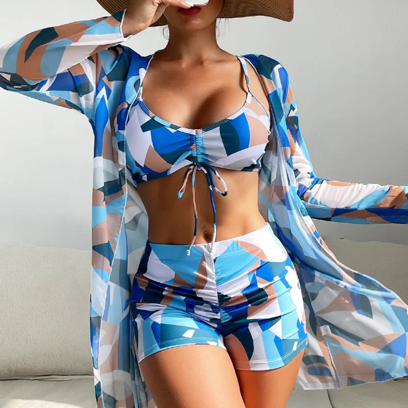 Summer Print Tankini Three-Piece Bathing Suits