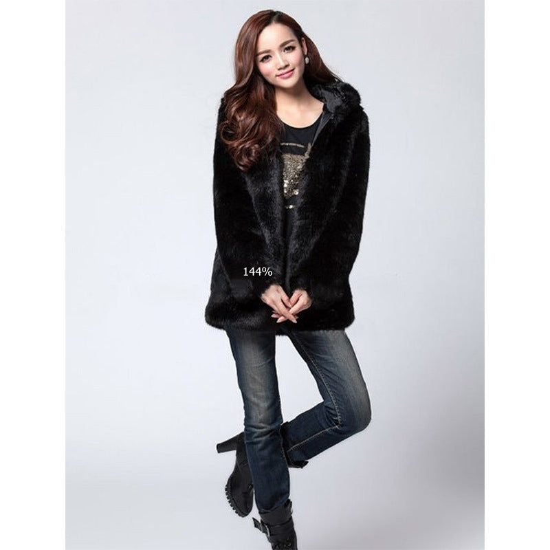 Faux fur women's hooded coat mid-length coat