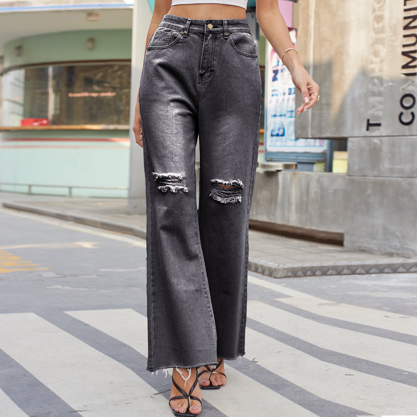 Denim Wide Leg Trousers Ripped Skinny Jeans