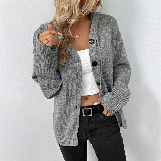 Solid Color Hooded Single-breasted Sweater Women's Cardigan Coat