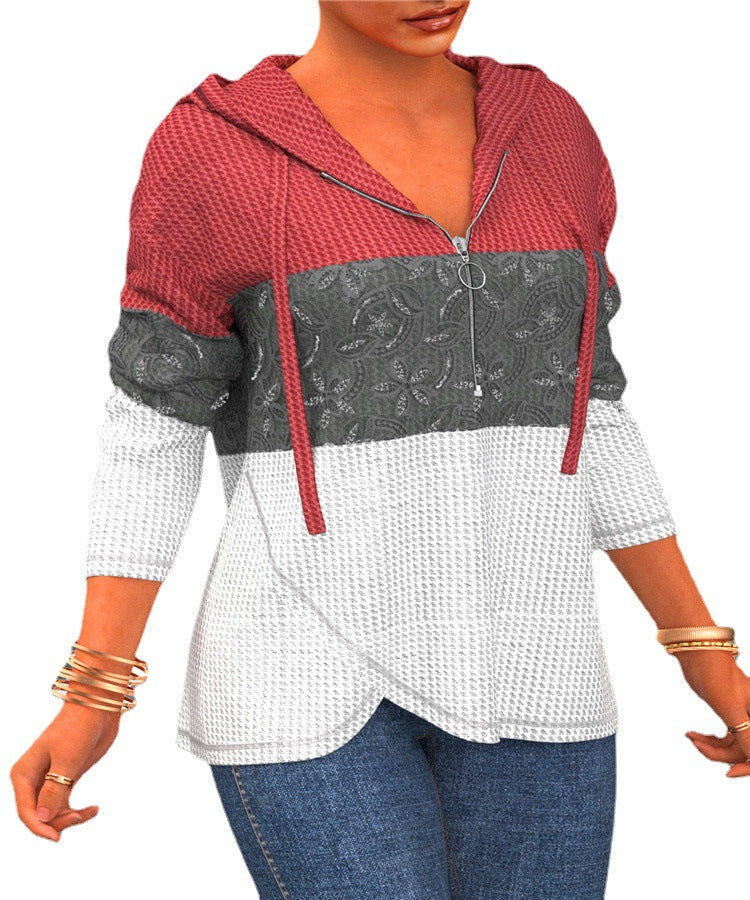 Women's Elegant Color Matching Zipper Sweater With Hat
