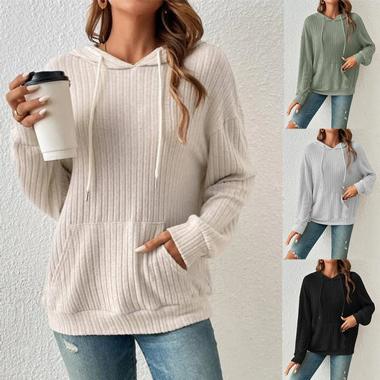 Fashion Drawstring Long-sleeved Hooded Sweatshirt With Pockets Solid Sunken Stripe Hoodie Knitwear Womens Clothing