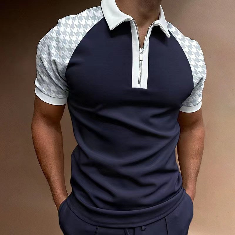 Men's Polo Shirt Short Sleeve Color Matching Plaid Zipper