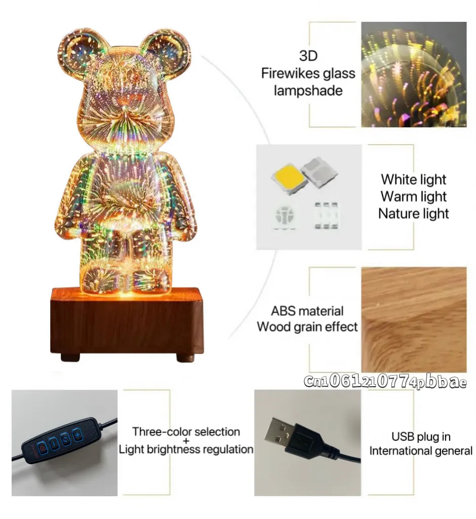 LED 3D Bear Firework Night Light For Kids and Adults