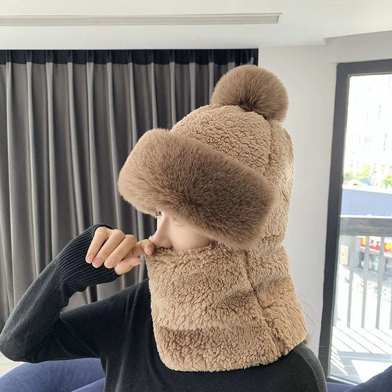 Winter Scarf Set Hooded for Women Plush Neck Warm Outdoor Ski Windproof Hat Thick Plush Fluffy Beanies