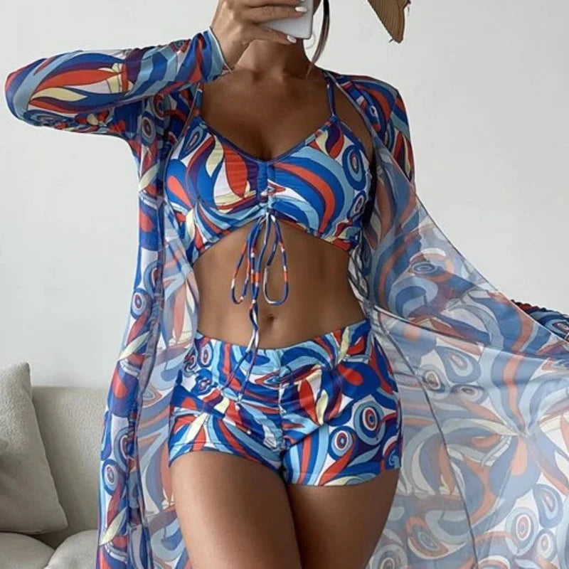 Summer Print Tankini Three-Piece Bathing Suits