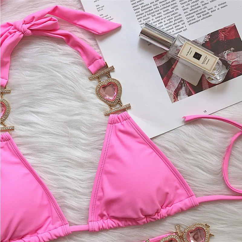 Sexy Heart Rhinestones Push Up Women's Beach and Pool Bikini Swimwear