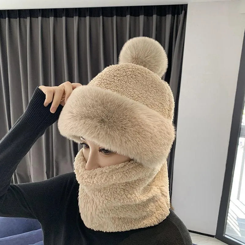 Winter Scarf Set Hooded for Women Plush Neck Warm Outdoor Ski Windproof Hat Thick Plush Fluffy Beanies