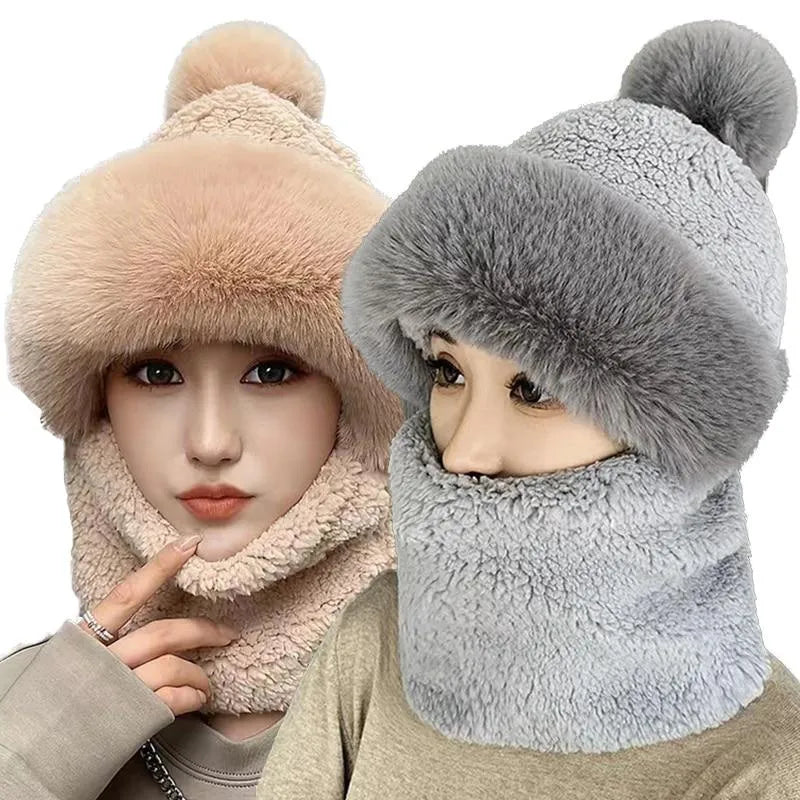 Winter Scarf Set Hooded for Women Plush Neck Warm Outdoor Ski Windproof Hat Thick Plush Fluffy Beanies