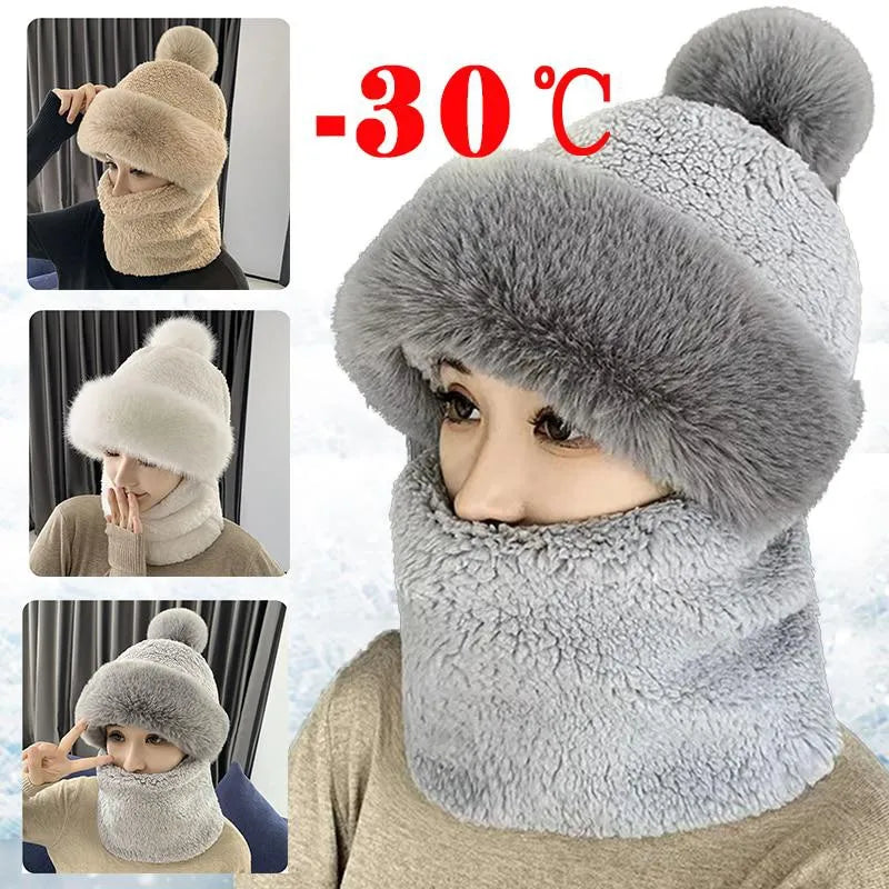 Winter Scarf Set Hooded for Women Plush Neck Warm Outdoor Ski Windproof Hat Thick Plush Fluffy Beanies